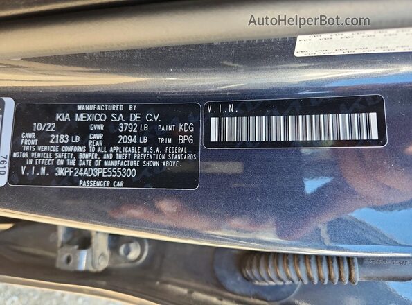 3KPF24AD3PE555300 2023 KIA FORTE Gray Вид наклейки з VIN-кодом