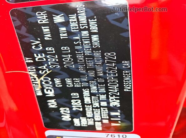 3KPF24AD3PE624728 2023 KIA FORTE Red Widok naklejki z numerem VIN