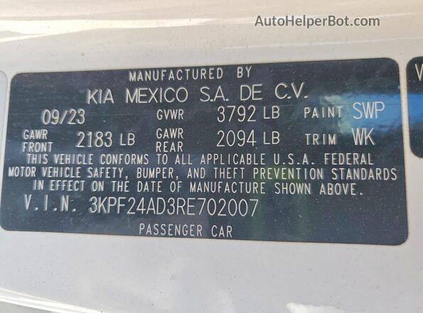 3KPF24AD3RE702007 2024 KIA FORTE White ძრავის განყოფილების ხედი