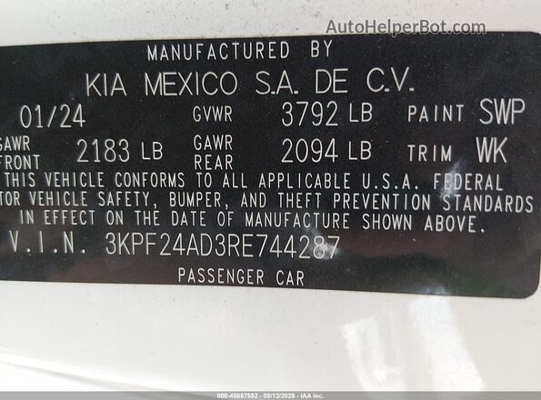 3KPF24AD3RE744287 2024 KIA FORTE Белый Вид подкапотного пространства
