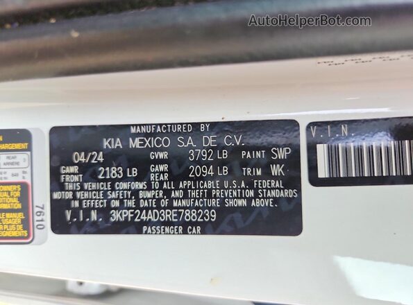 3KPF24AD3RE788239 2024 KIA FORTE White Շարժիչի բաժամունքի տեսք