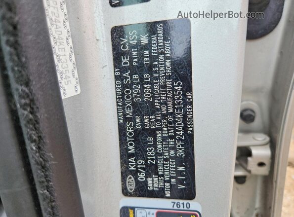 3KPF24AD4KE133545 2019 KIA FORTE Silver Widok naklejki z numerem VIN