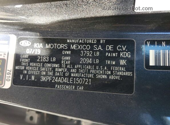 3KPF24AD4LE150721 2020 KIA FORTE Gray Շարժիչի բաժամունքի տեսք