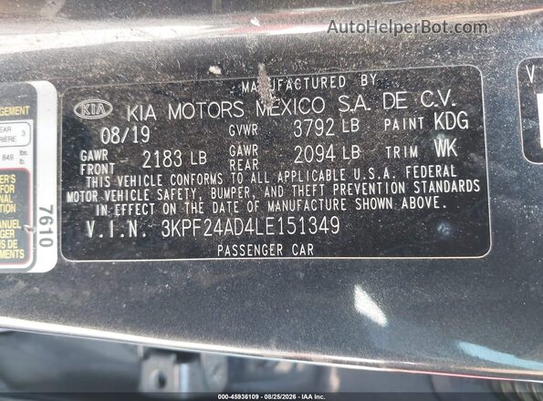 3KPF24AD4LE151349 2020 KIA FORTE Gray ძრავის განყოფილების ხედი