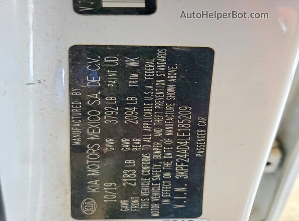 3KPF24AD4LE185209 2020 KIA FORTE White Вид підкапотного простору