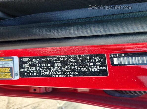 3KPF24AD4LE237406 2020 KIA FORTE Burgundy Widok naklejki z numerem VIN