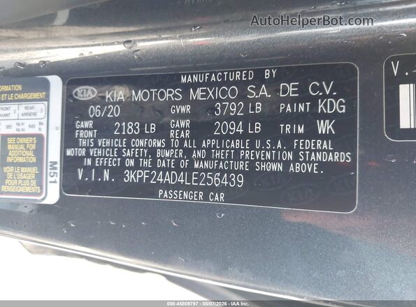 3KPF24AD4LE256439 2020 KIA FORTE Gray Widok komory silnika