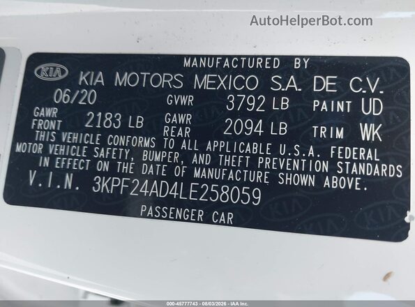 3KPF24AD4LE258059 2020 KIA FORTE White Vista del compartimento del motor