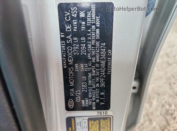 3KPF24AD4ME348474 2021 KIA FORTE Silver Widok naklejki z numerem VIN