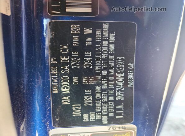 3KPF24AD4NE426978 2022 KIA FORTE Blue Շարժիչի բաժամունքի տեսք