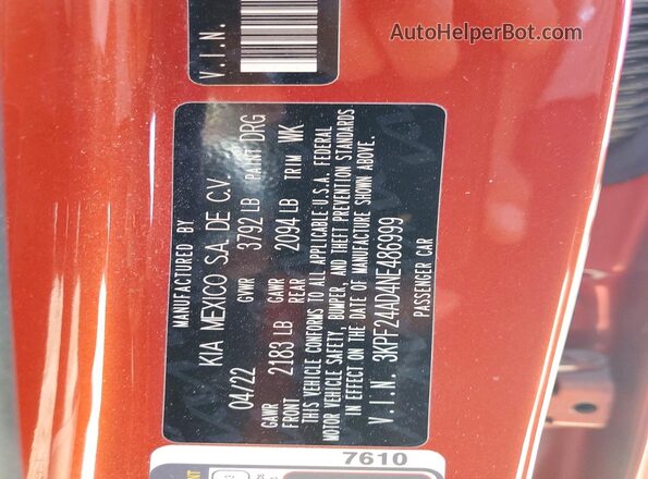 3KPF24AD4NE486999 2022 KIA FORTE Orange VIN კოდის სტიკერის ხედი