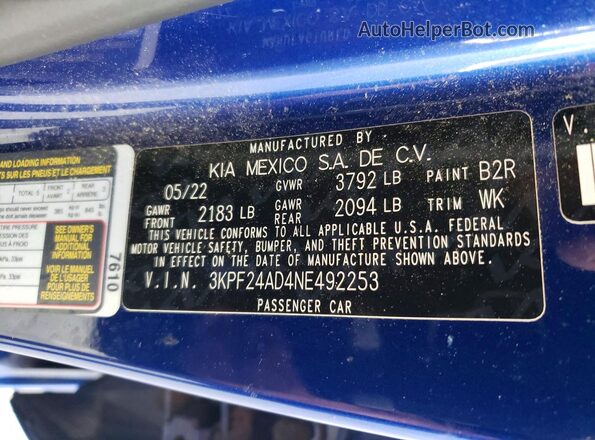 3KPF24AD4NE492253 2022 KIA FORTE Blue ძრავის განყოფილების ხედი