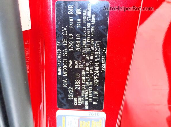 3KPF24AD4PE582571 2023 KIA FORTE Red Widok naklejki z numerem VIN