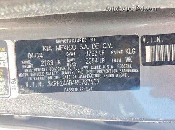 3KPF24AD4RE787407 2024 KIA FORTE Silver Widok naklejki z numerem VIN