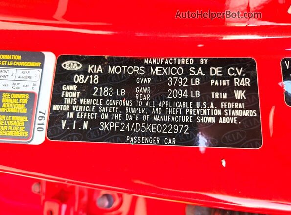 3KPF24AD5KE022972 2019 KIA FORTE Red 
