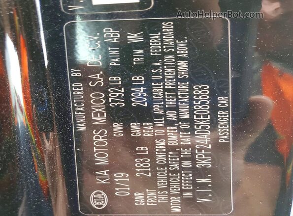 3KPF24AD5KE085683 2019 KIA FORTE Black Widok naklejki z numerem VIN