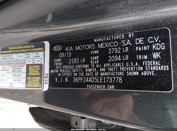 3KPF24AD5LE173778 2020 KIA FORTE Gray Widok komory silnika