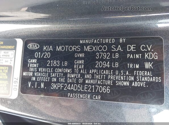 3KPF24AD5LE217066 2020 KIA FORTE Gray Engine compartment view