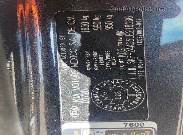 3KPF24AD5LE218136 2020 KIA FORTE Charcoal Vista del compartimento del motor