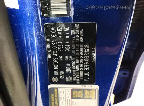 3KPF24AD5LE248088 2020 KIA FORTE Blue VIN կոդի պիտակի տեսք