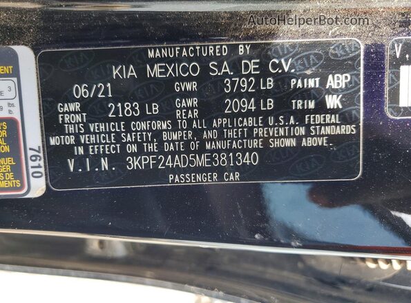 3KPF24AD5ME381340 2021 KIA FORTE Черный Панорамный вид салона 360°