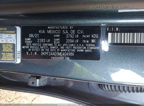 3KPF24AD5ME404986 2021 KIA FORTE Gray Շարժիչի բաժամունքի տեսք