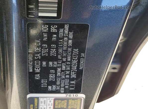 3KPF24AD5NE437004 2022 KIA FORTE Teal Вид наклейки з VIN-кодом