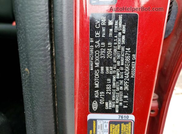 3KPF24AD6KE086714 2019 KIA FORTE Красный Вид подкапотного пространства