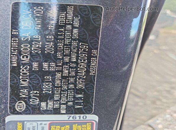 3KPF24AD6KE097597 2019 KIA FORTE Gray Вид підкапотного простору