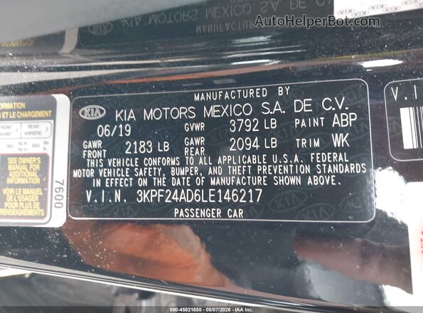 3KPF24AD6LE146217 2020 KIA FORTE Черный Вид подкапотного пространства