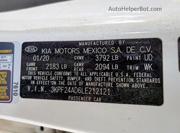 3KPF24AD6LE212121 2020 KIA FORTE Белый Вид подкапотного пространства