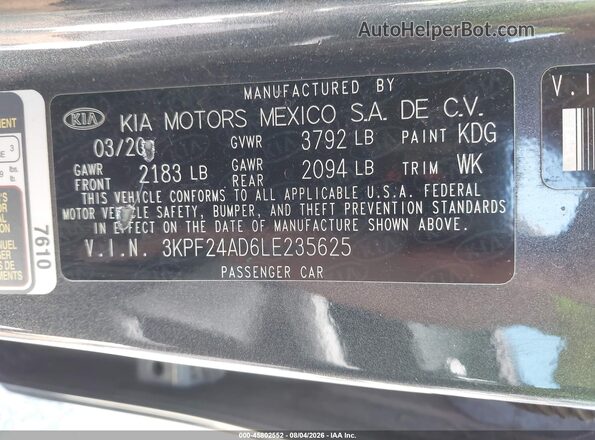 3KPF24AD6LE235625 2020 KIA FORTE Gray Widok komory silnika