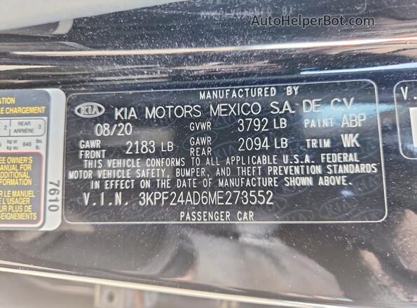 3KPF24AD6ME273552 2021 KIA FORTE Black ძრავის განყოფილების ხედი