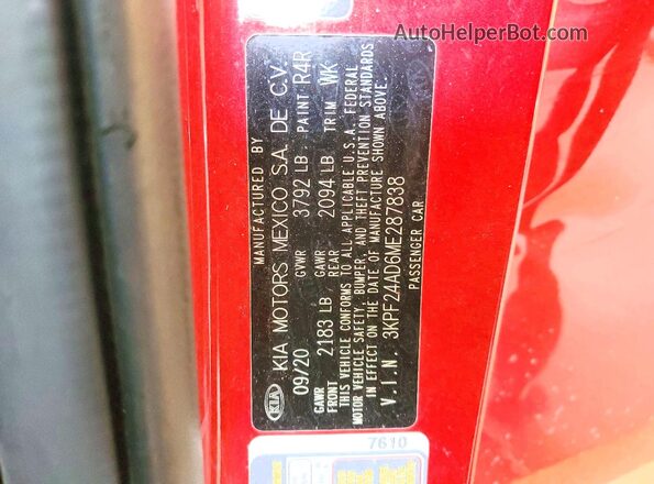 3KPF24AD6ME287838 2021 KIA FORTE Red VIN կոդի պիտակի տեսք