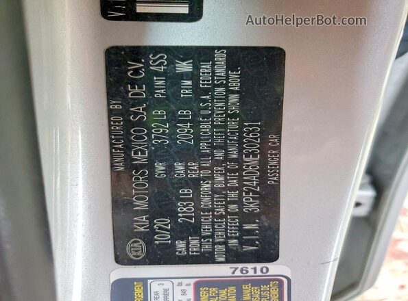 3KPF24AD6ME302631 2021 KIA FORTE Silver VIN sticker view