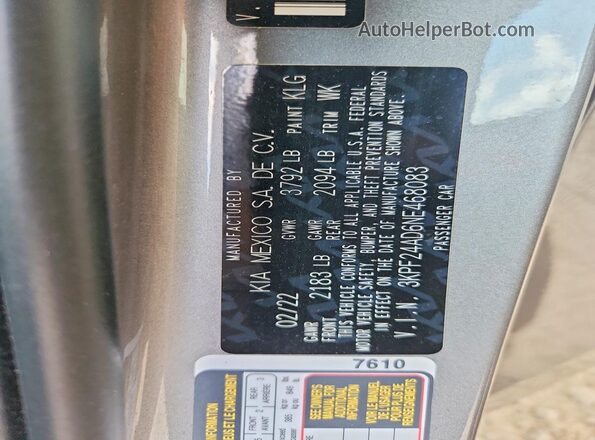 3KPF24AD6NE468083 2022 KIA FORTE Gray Widok naklejki z numerem VIN
