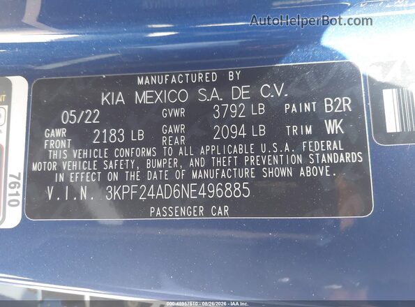 3KPF24AD6NE496885 2022 KIA FORTE Blue Engine compartment view