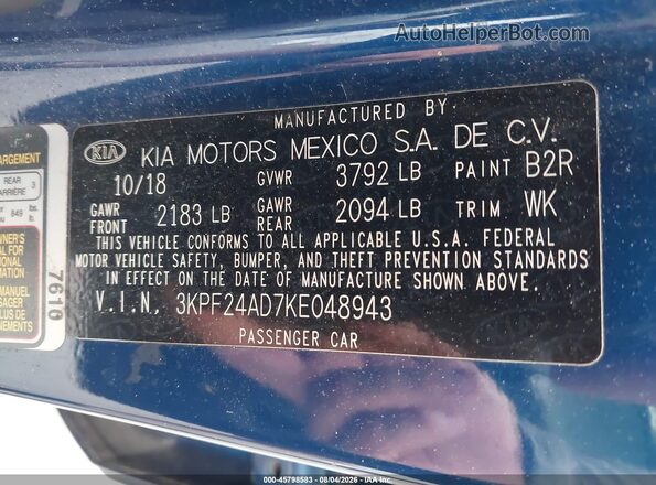 3KPF24AD7KE048943 2019 KIA FORTE Blue Շարժիչի բաժամունքի տեսք