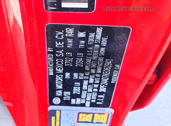 3KPF24AD7KE062941 2019 KIA FORTE Red VIN կոդի պիտակի տեսք
