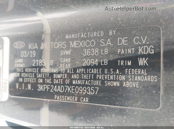 3KPF24AD7KE099357 2019 KIA FORTE Gray Вид підкапотного простору