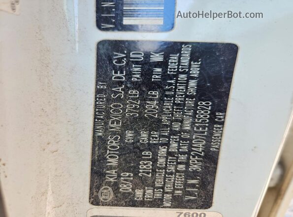 3KPF24AD7LE158828 2020 KIA FORTE White Вид наклейки з VIN-кодом