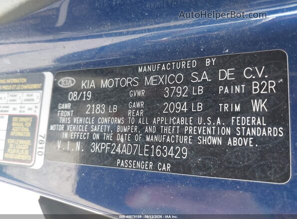 3KPF24AD7LE163429 2020 KIA FORTE Синий Вид подкапотного пространства
