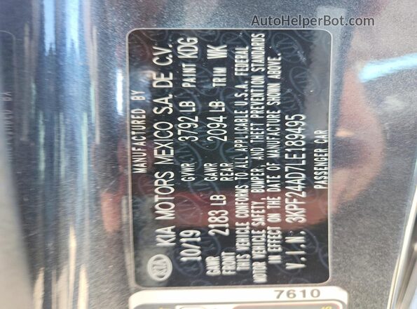 3KPF24AD7LE189495 2020 KIA FORTE Charcoal Vista del compartimento del motor