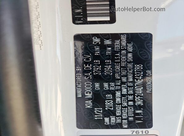 3KPF24AD7NE432788 2022 KIA FORTE White VIN կոդի պիտակի տեսք