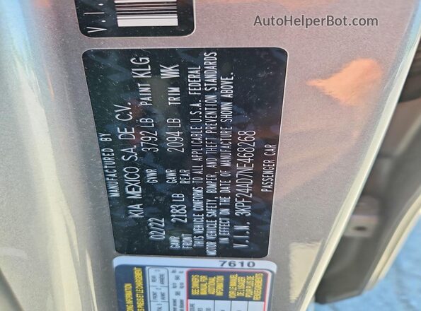 3KPF24AD7NE468268 2022 KIA FORTE Gray Вид підкапотного простору