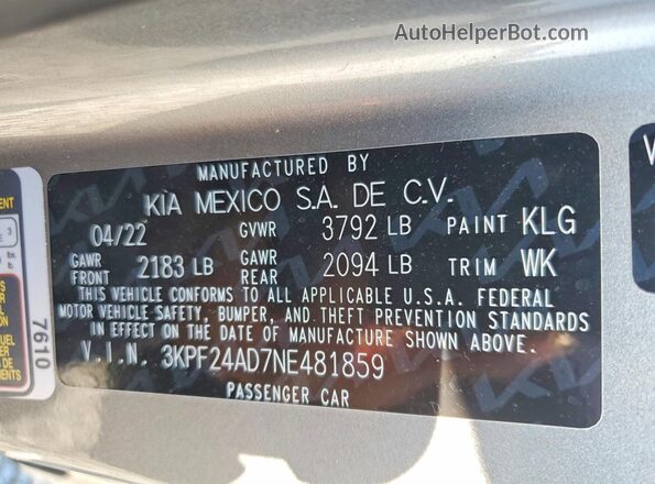 3KPF24AD7NE481859 2022 KIA FORTE Gray Вид підкапотного простору