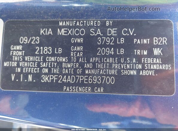 3KPF24AD7PE693700 2023 KIA FORTE Blue Engine compartment view