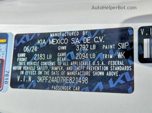 3KPF24AD7RE821498 2024 KIA FORTE White Вид наклейки з VIN-кодом