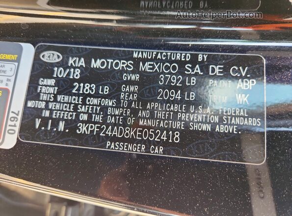 3KPF24AD8KE052418 2019 KIA FORTE Black VIN კოდის სტიკერის ხედი
