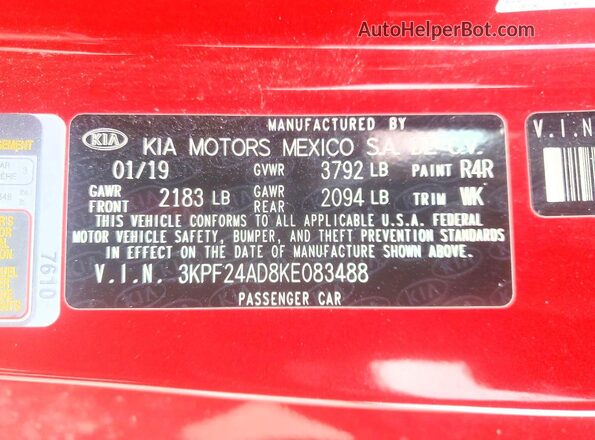 3KPF24AD8KE083488 2019 KIA FORTE Red Engine compartment view